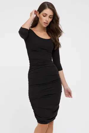 3/4 Sleeve Ruched Dress - Black