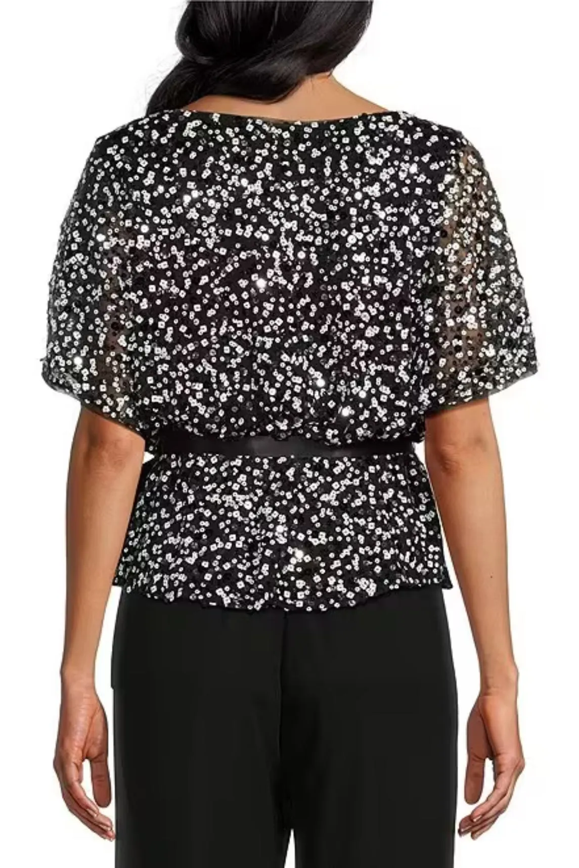 Alex Evenings Short Sleeve Sequin Scoop Neck Tie Waist Blouson Blouse