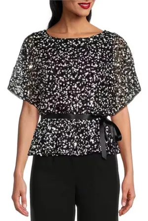 Alex Evenings Short Sleeve Sequin Scoop Neck Tie Waist Blouson Blouse