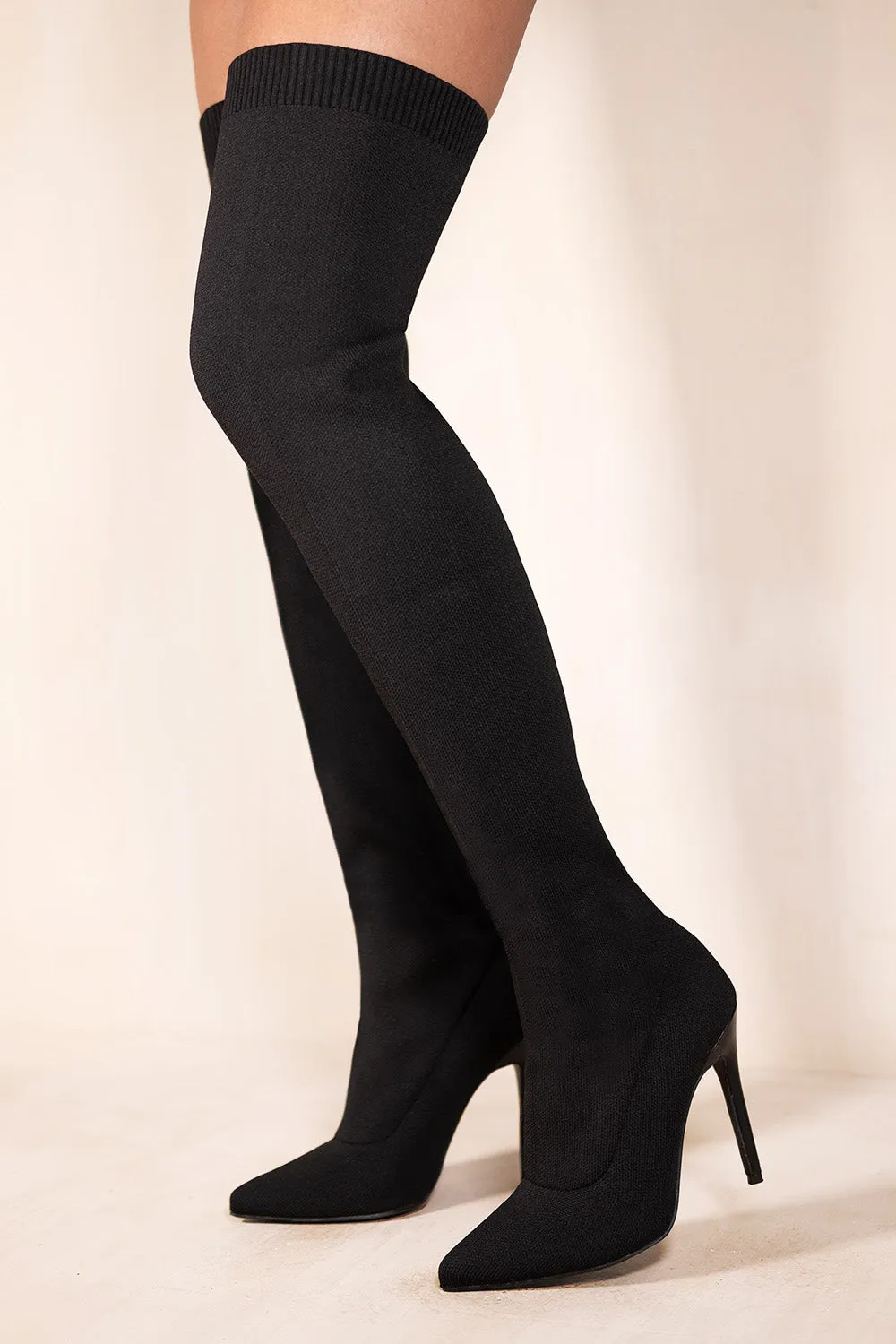 ALIVIA OVER THE KNEE HIGH HEEL BOOT WITH KNITTED LEG IN BLACK