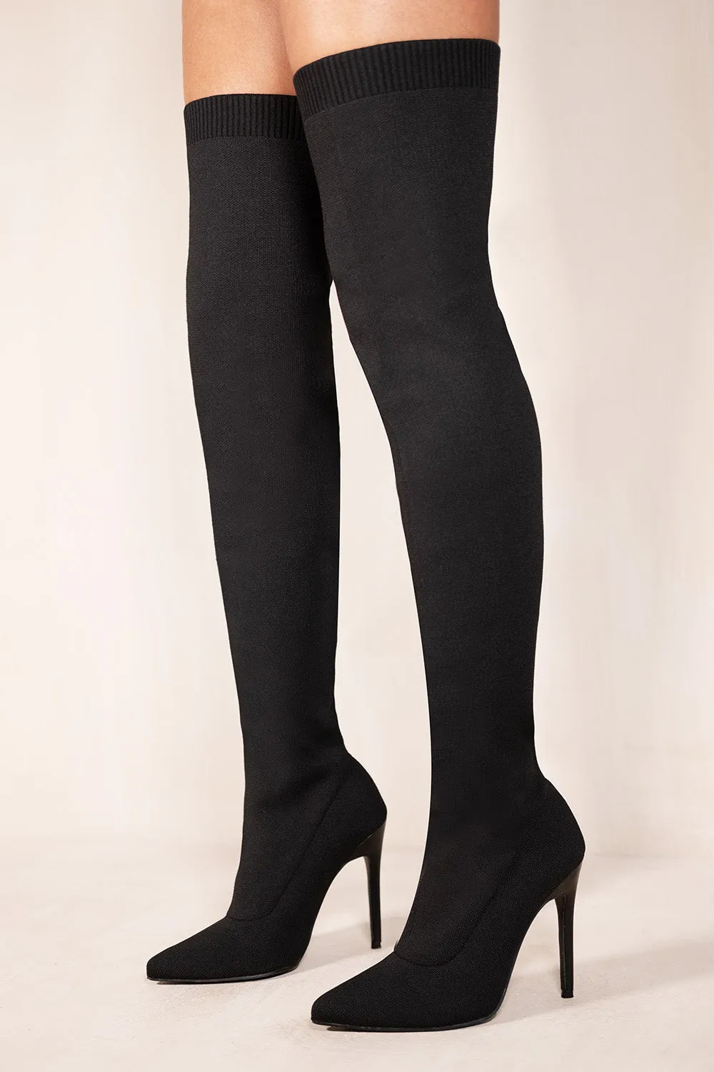 ALIVIA OVER THE KNEE HIGH HEEL BOOT WITH KNITTED LEG IN BLACK