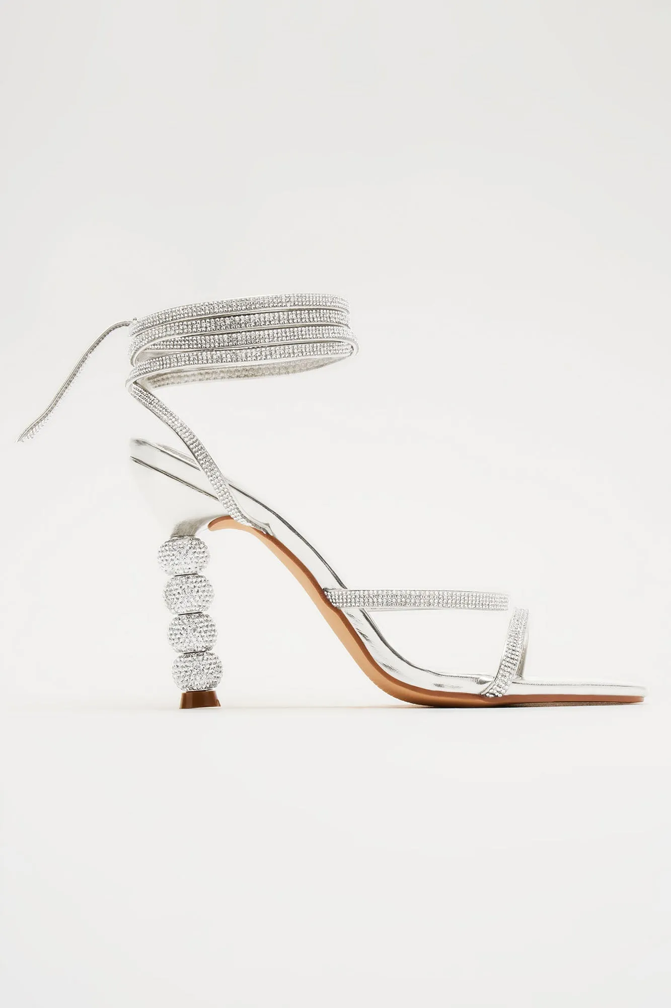 Amozae-All The Glamour Embellished Wrap Up Heeled Sandals - Silver