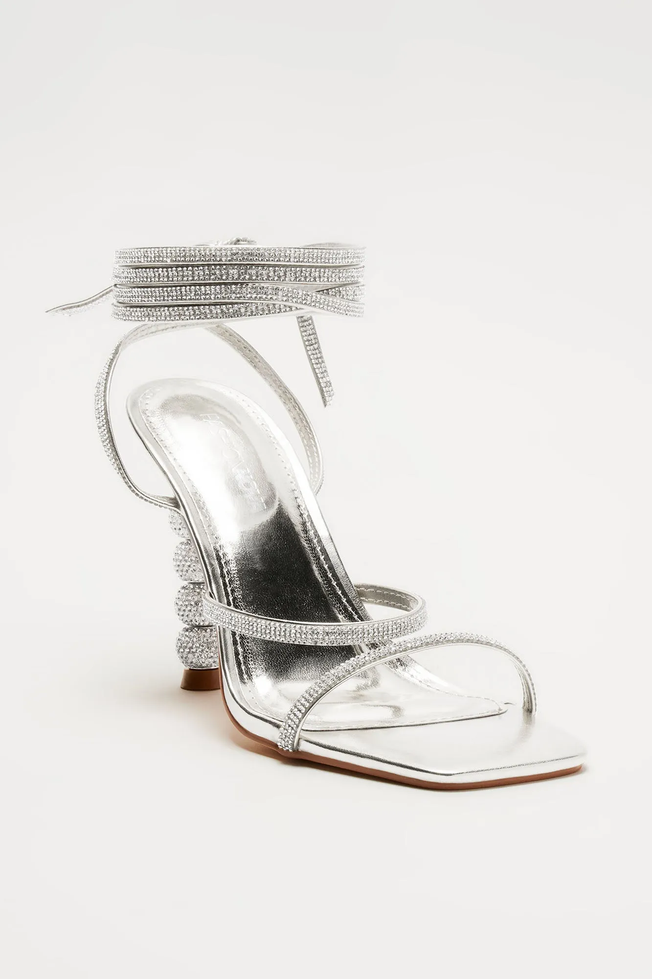 Amozae-All The Glamour Embellished Wrap Up Heeled Sandals - Silver