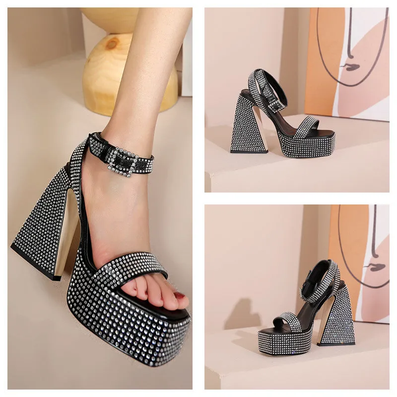 Ankle Strap Studded Chunky High Heels Glitter Strappy Sandals