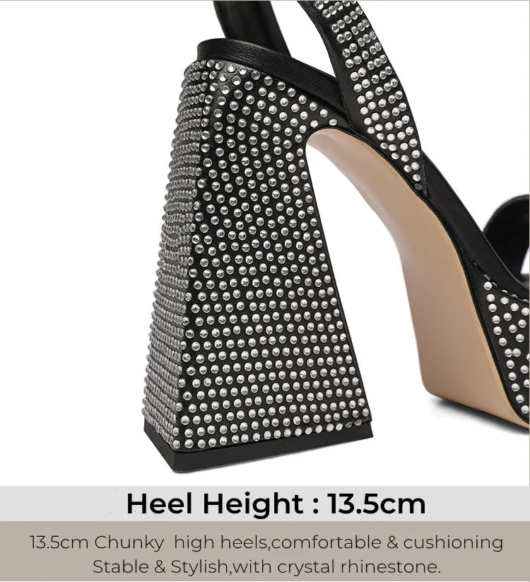 Ankle Strap Studded Chunky High Heels Glitter Strappy Sandals