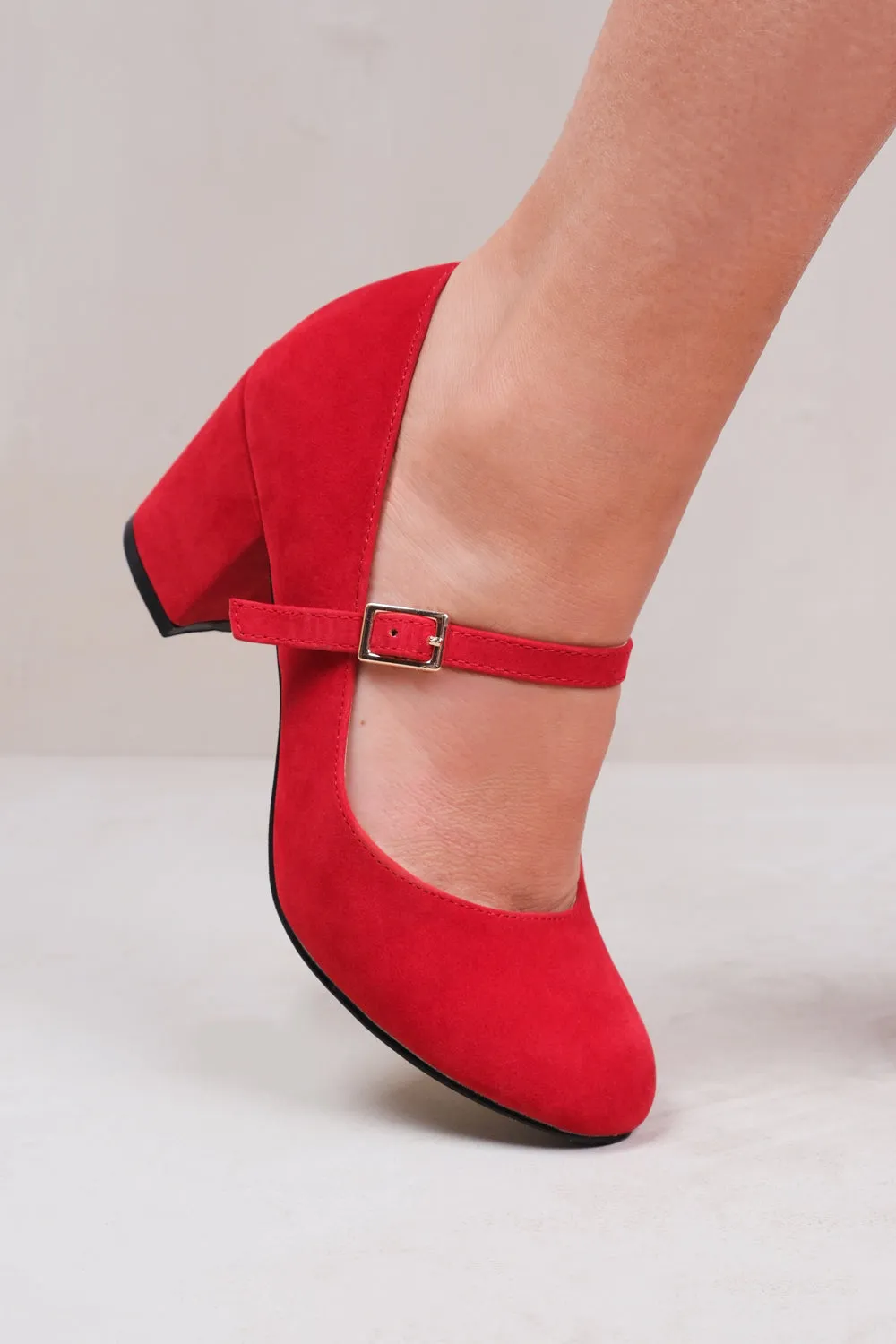 ARACELI WIDE FIT BLOCK HEEL MARY JANE PUMPS IN RED SUEDE