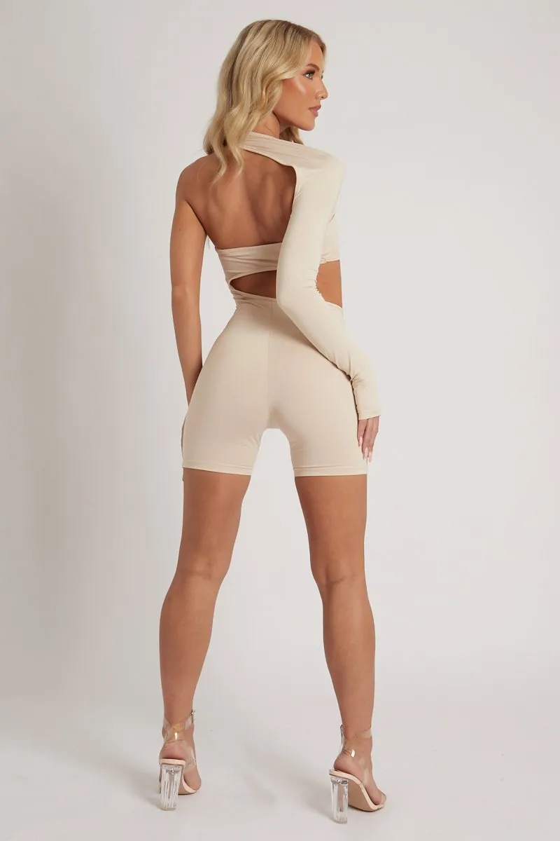 Beige Cut Out One Sleeve Playsuit - River