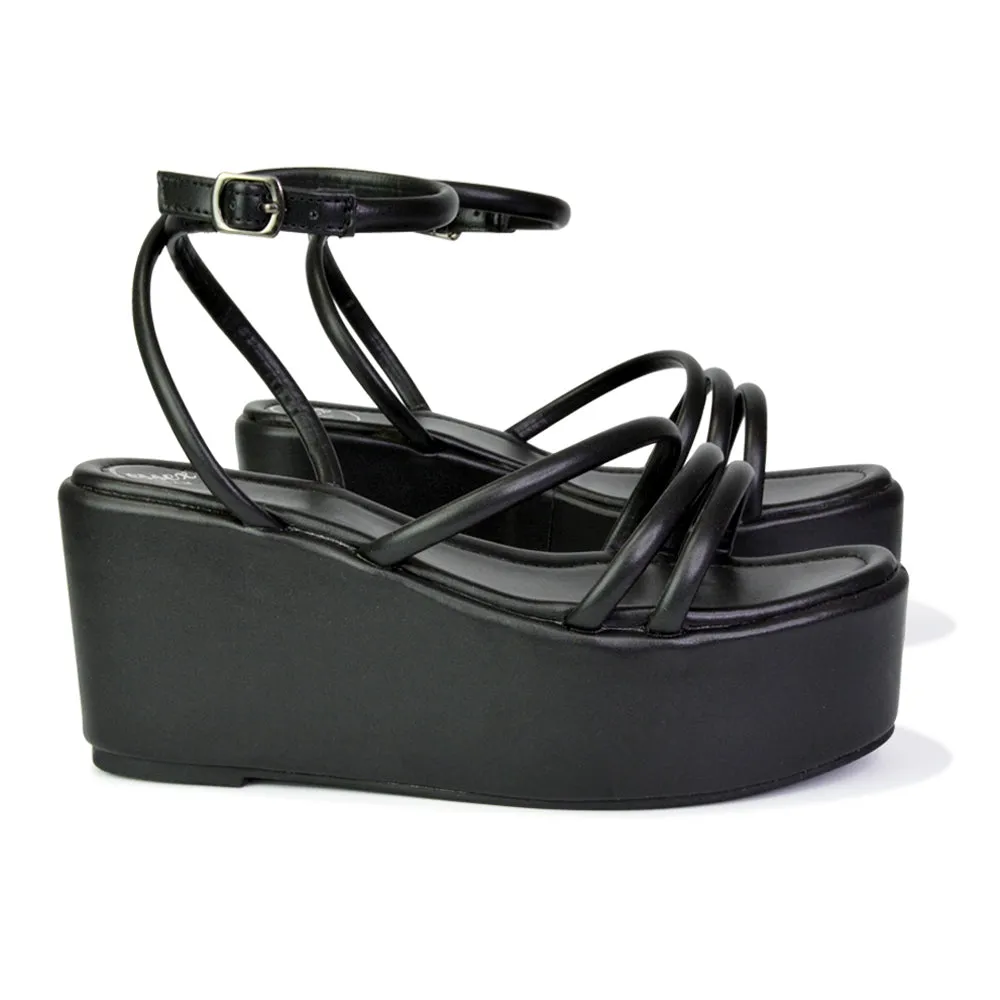 Birdie Ankle Strap Platform Sandal Wedge Heel Flatforms in Black