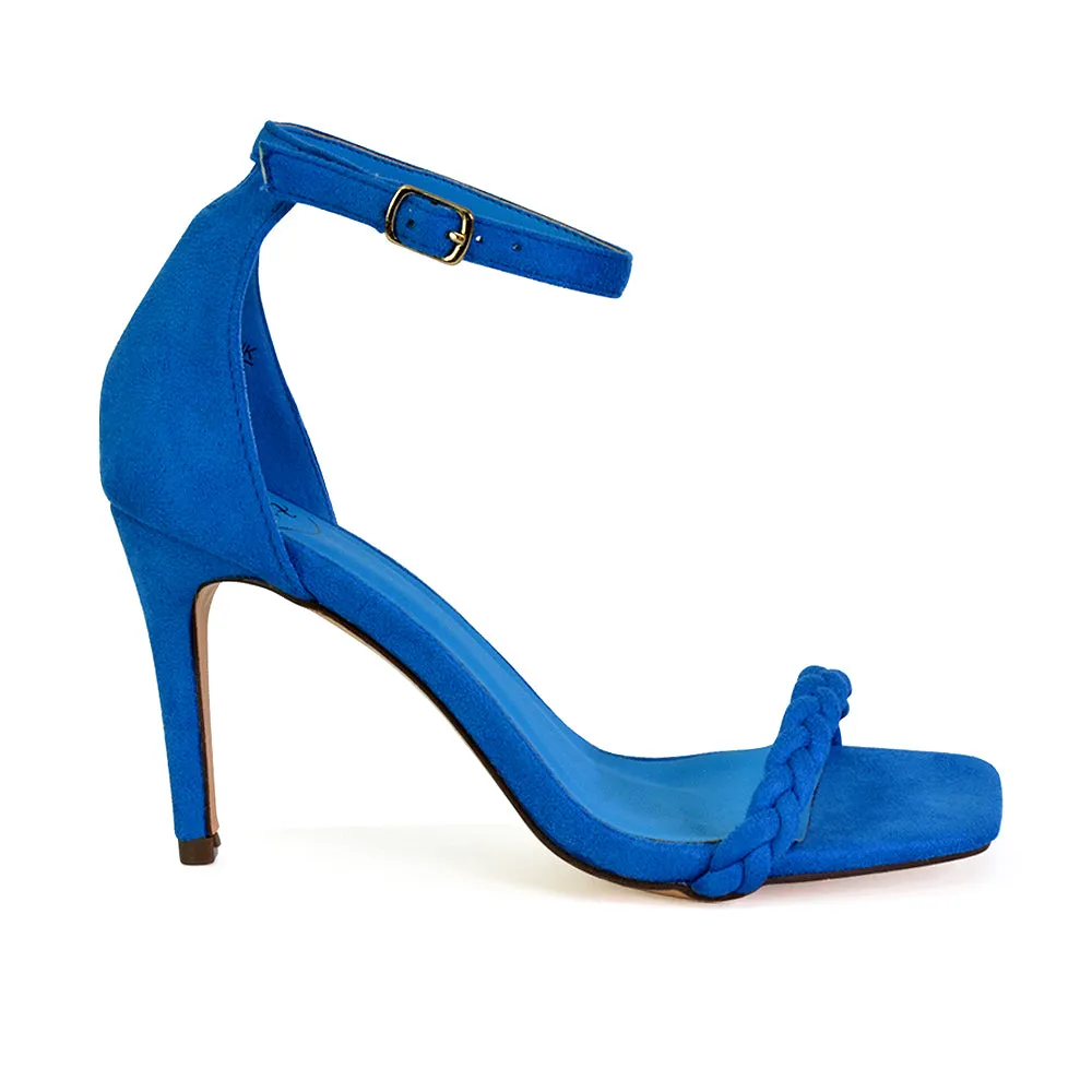 Brookes Woven Strappy Square Toe Stiletto High Heel Sandals in Blue