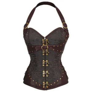 Brown Leather Sexy Gothic Corset Lingerie Shapewear with Brass Studs