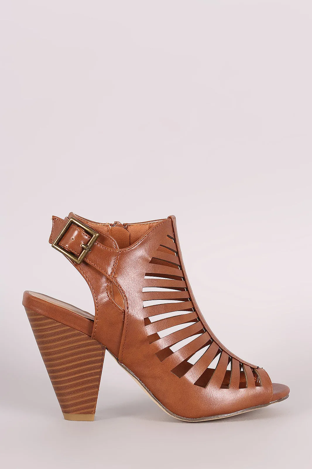 Buckled Caged Cutout Peep Toe Chunky Heel