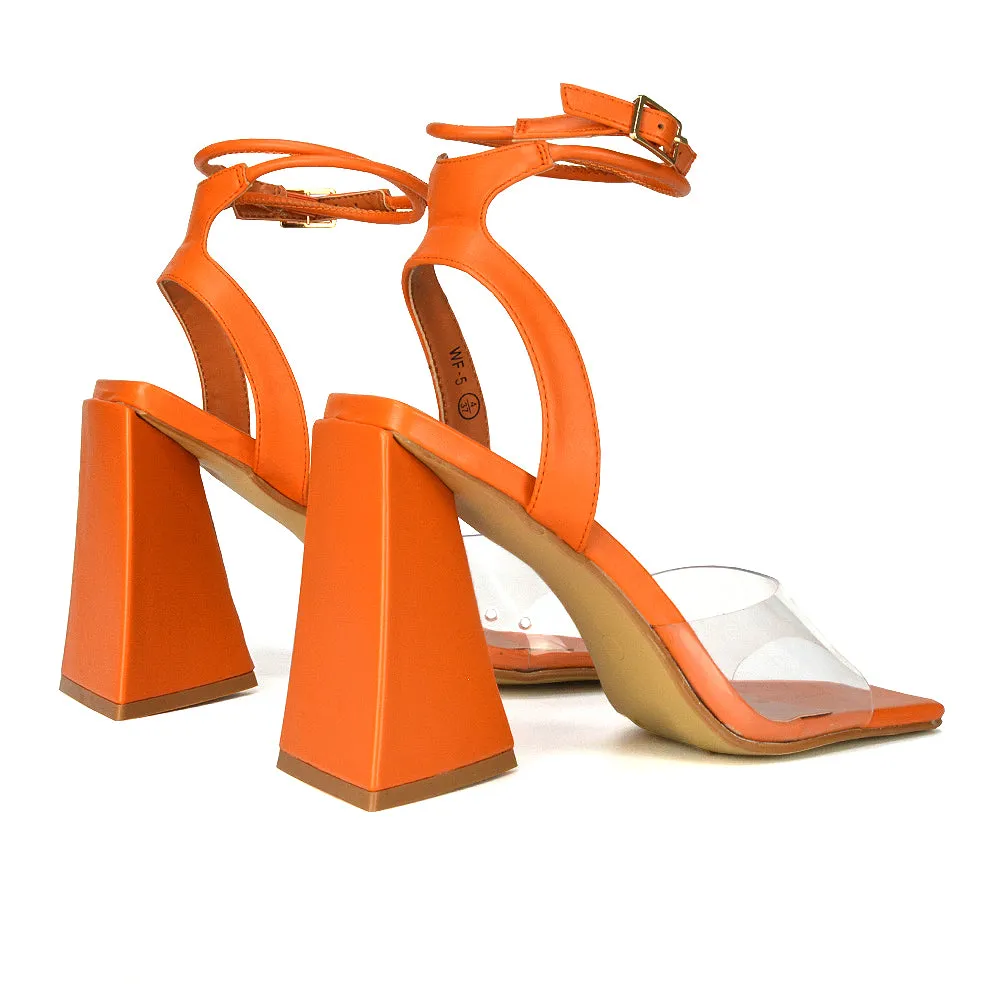 Dahlia Lace Up Ankle Strappy Perspex Square Toe Chunky Block High Heels in Orange