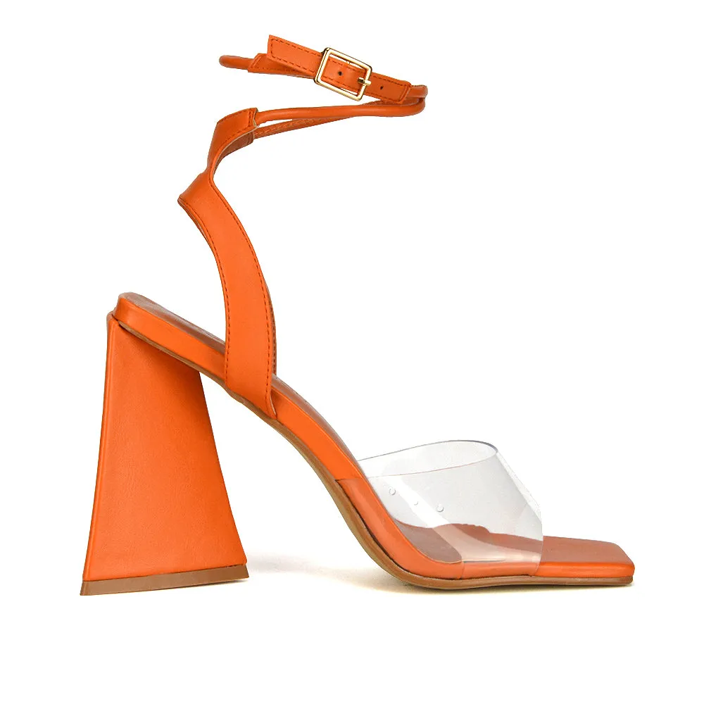 Dahlia Lace Up Ankle Strappy Perspex Square Toe Chunky Block High Heels in Orange