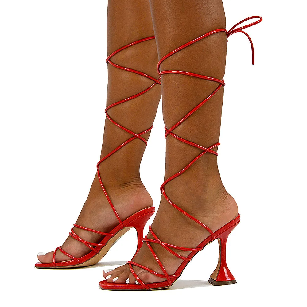 Dakota Lace Up Sculptured Strappy Square Toe Party High Heel Sandals in Orange Patent