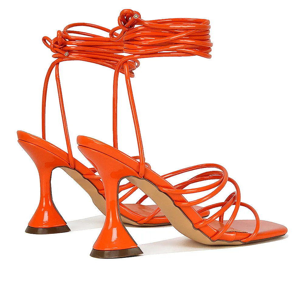 Dakota Lace Up Sculptured Strappy Square Toe Party High Heel Sandals in Orange Patent