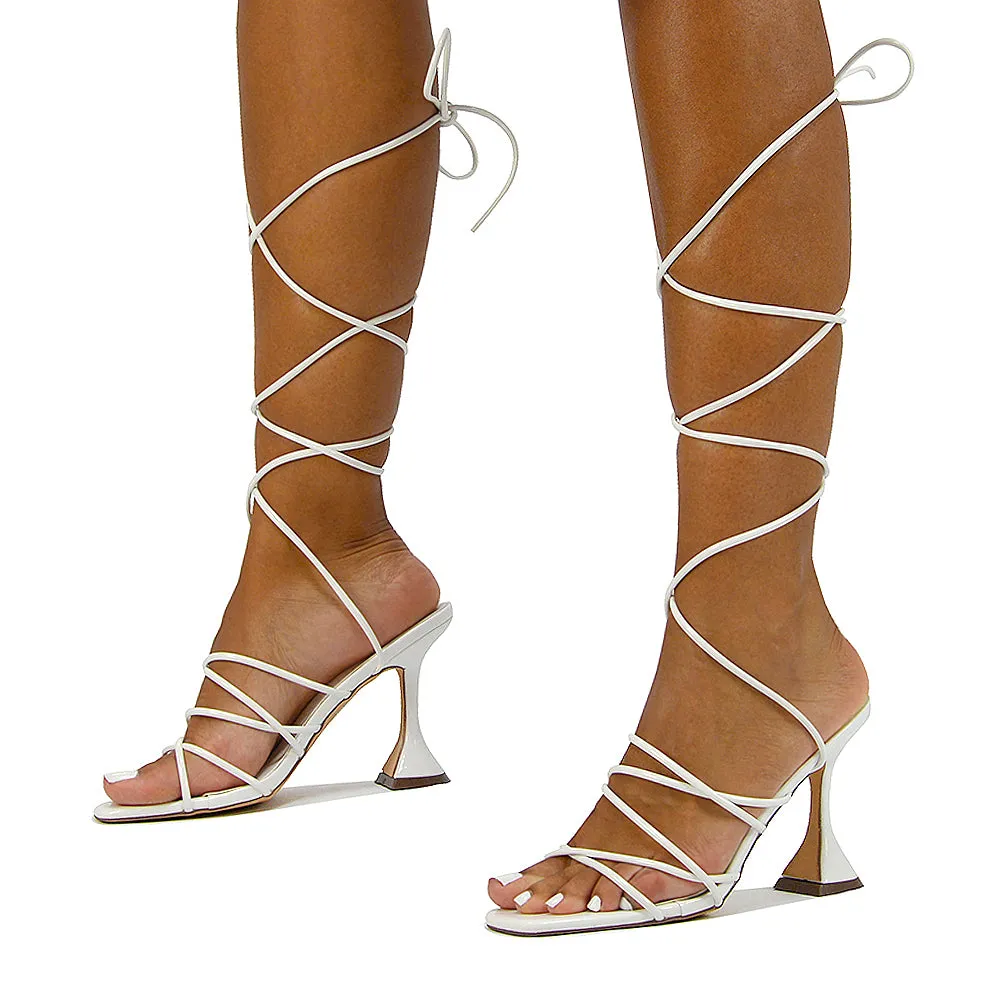 Dakota Lace Up Sculptured Strappy Square Toe Party High Heel Sandals in Orange Patent