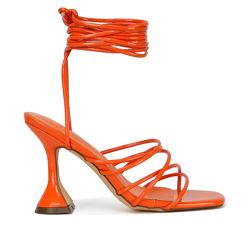 Dakota Lace Up Sculptured Strappy Square Toe Party High Heel Sandals in Orange Patent