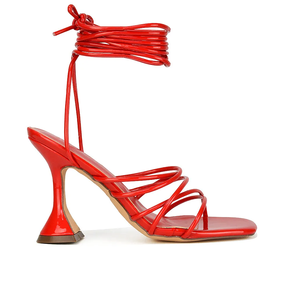 Dakota Lace Up Sculptured Strappy Square Toe Party High Heel Sandals in Orange Patent