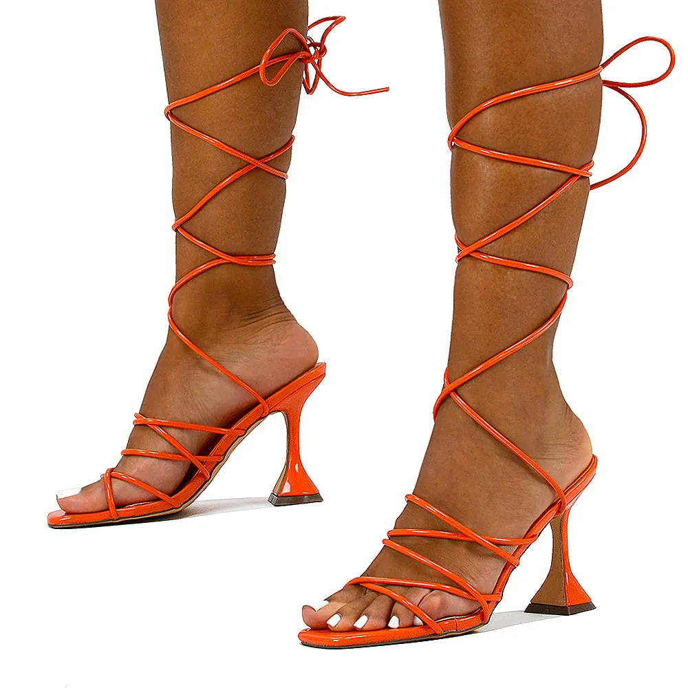 Dakota Lace Up Sculptured Strappy Square Toe Party High Heel Sandals in Orange Patent