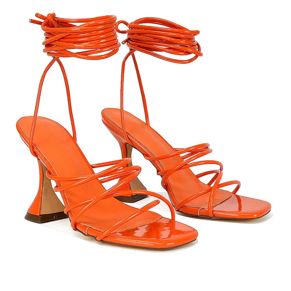 Dakota Lace Up Sculptured Strappy Square Toe Party High Heel Sandals in Orange Patent