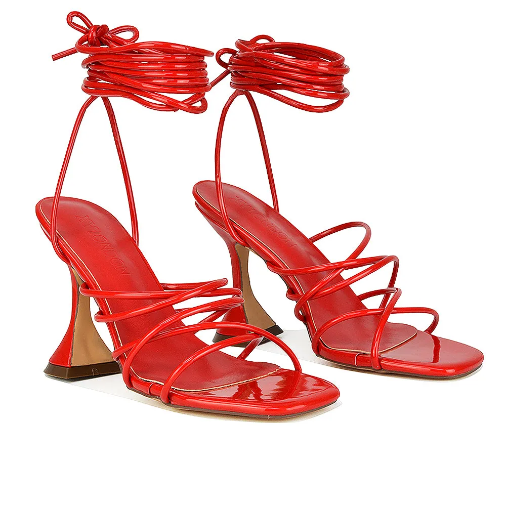 Dakota Lace Up Sculptured Strappy Square Toe Party High Heel Sandals in Orange Patent