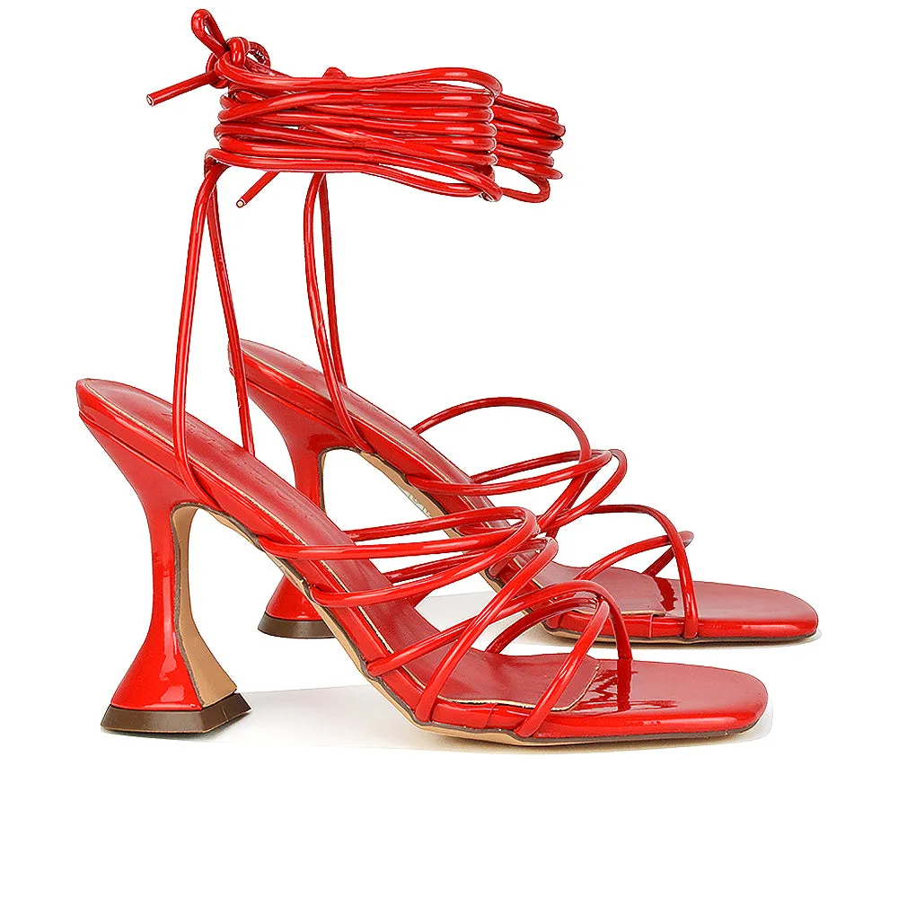 Dakota Lace Up Sculptured Strappy Square Toe Party High Heel Sandals in Orange Patent