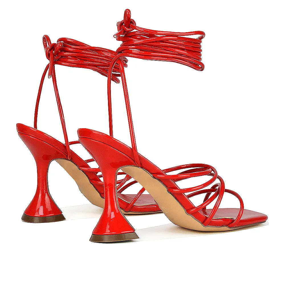 Dakota Lace Up Sculptured Strappy Square Toe Party High Heel Sandals in Orange Patent