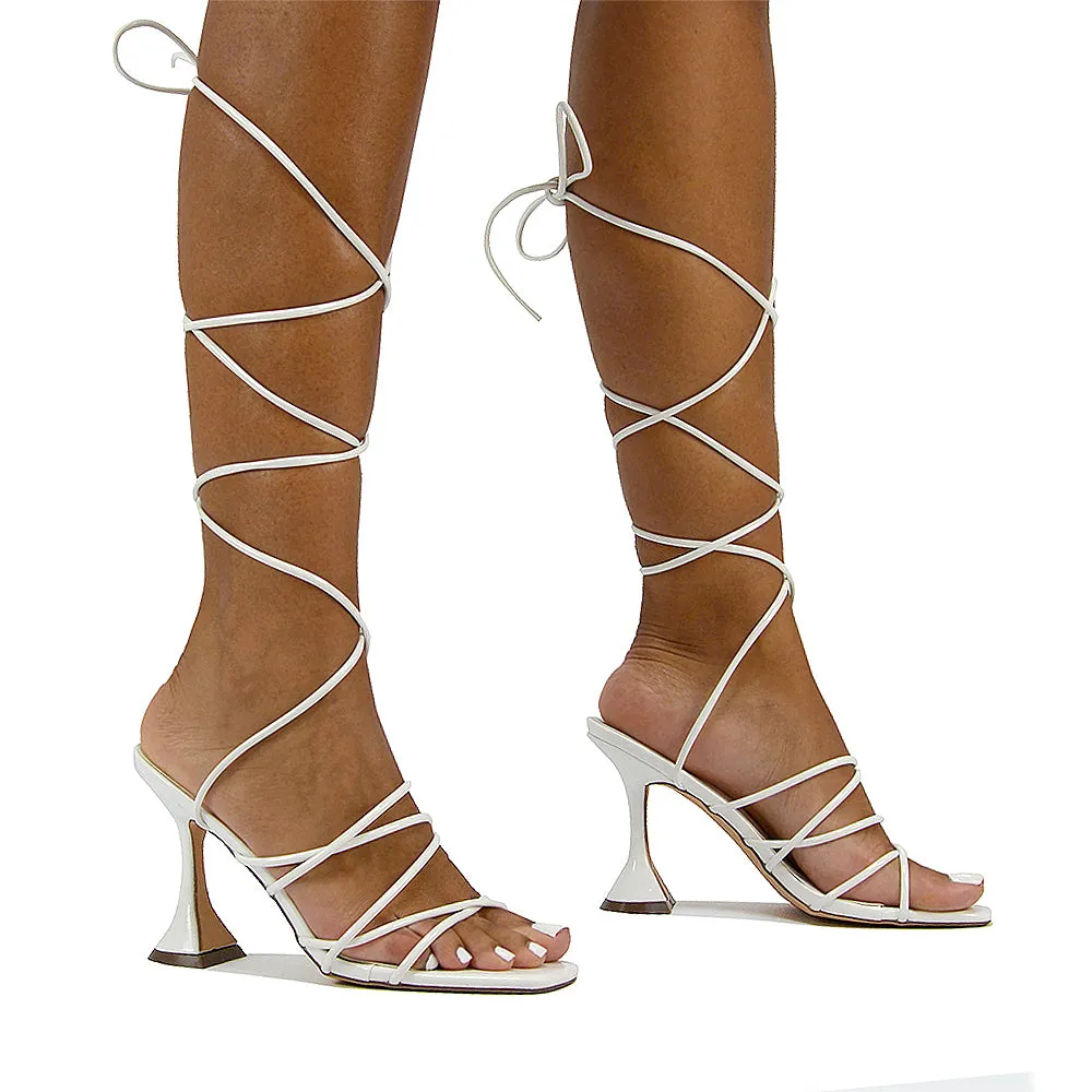 Dakota Lace Up Sculptured Strappy Square Toe Party High Heel Sandals in Orange Patent