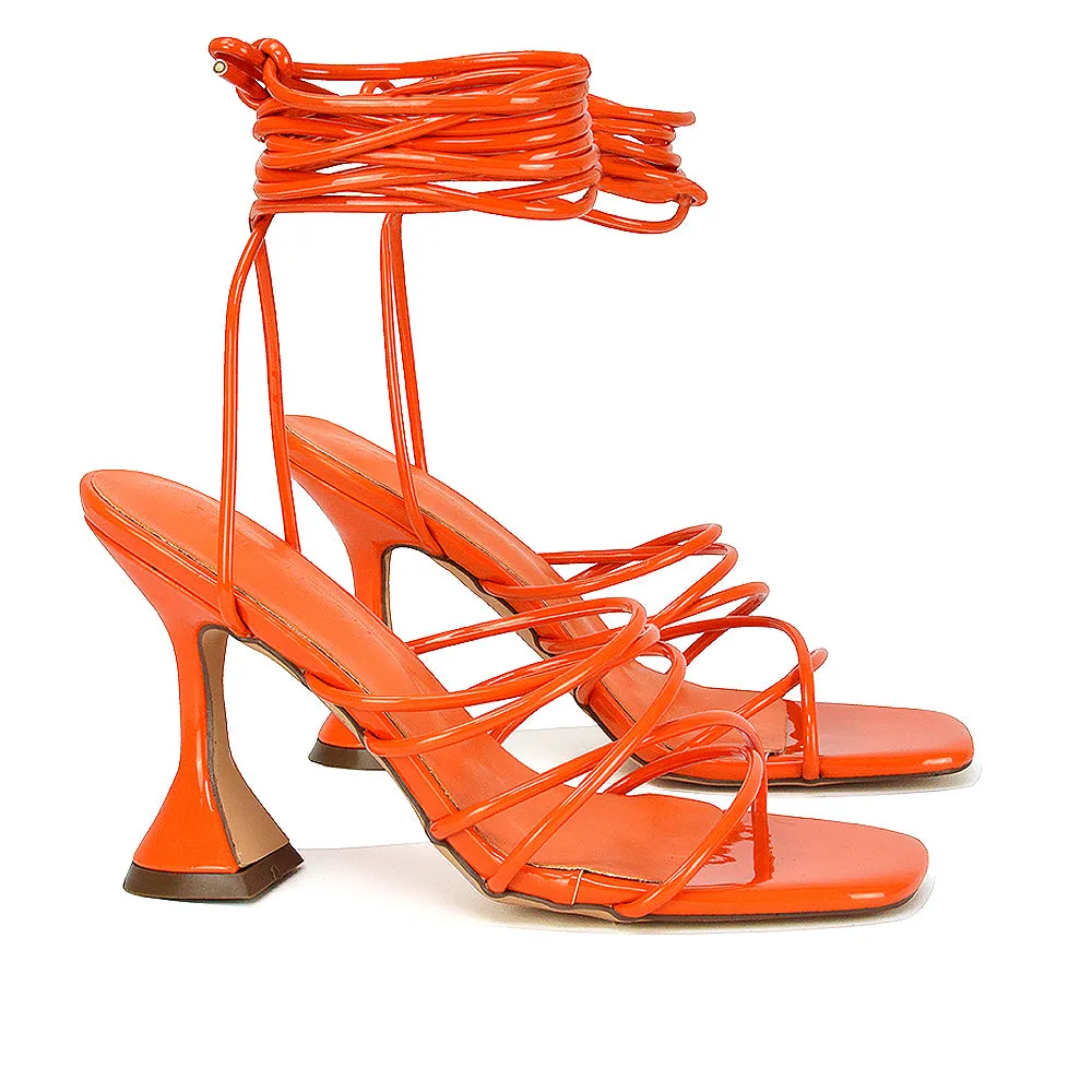 Dakota Lace Up Sculptured Strappy Square Toe Party High Heel Sandals in Orange Patent