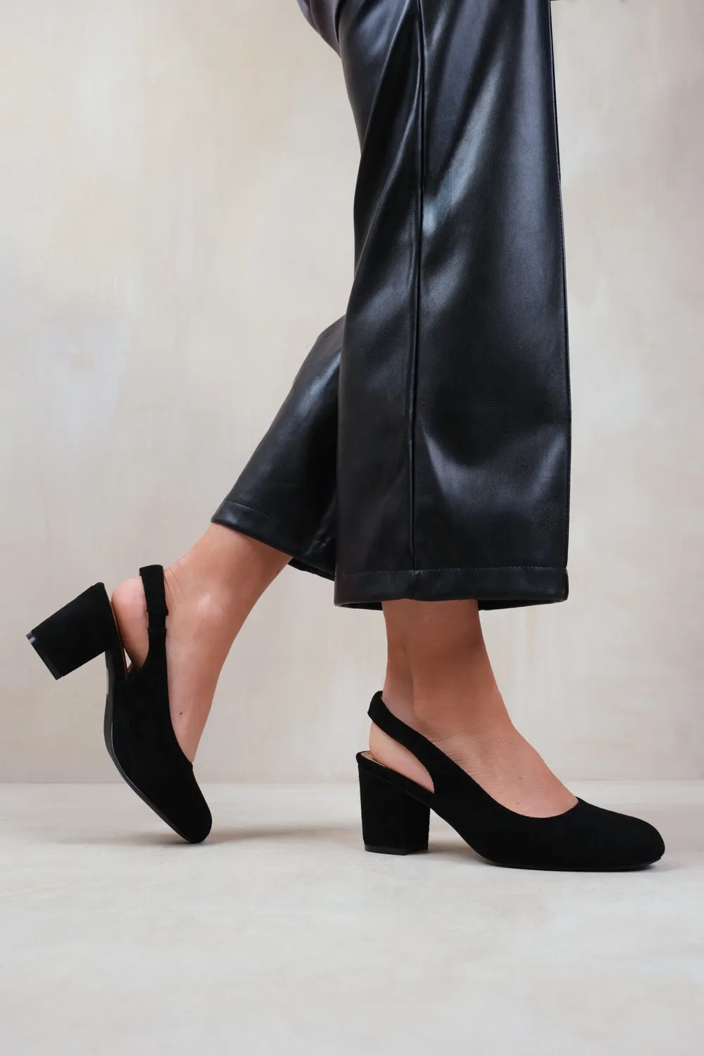 EDITH BLOCK HEEL SLINGBACK SHOES IN BLACK SUEDE