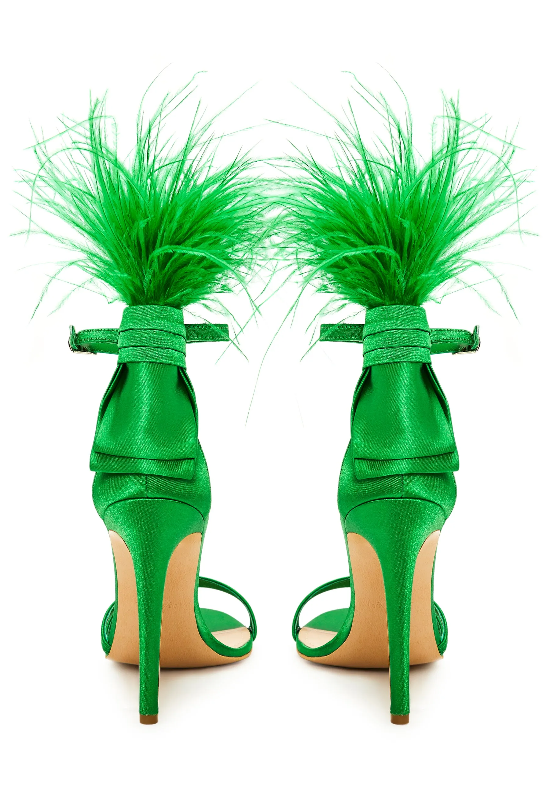 Elegant Feathered Ankle Strap Luxury High Heel Sandals - Green