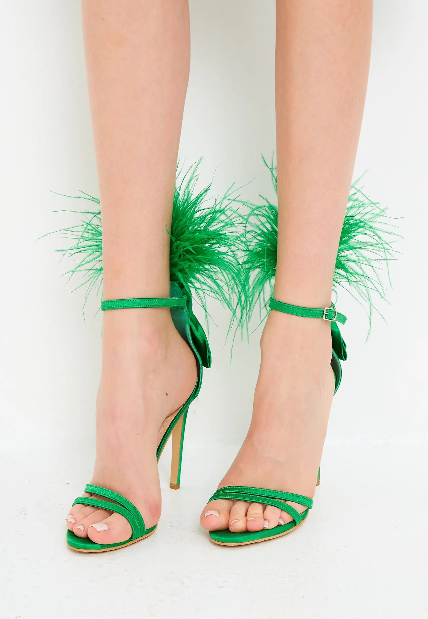 Elegant Feathered Ankle Strap Luxury High Heel Sandals - Green