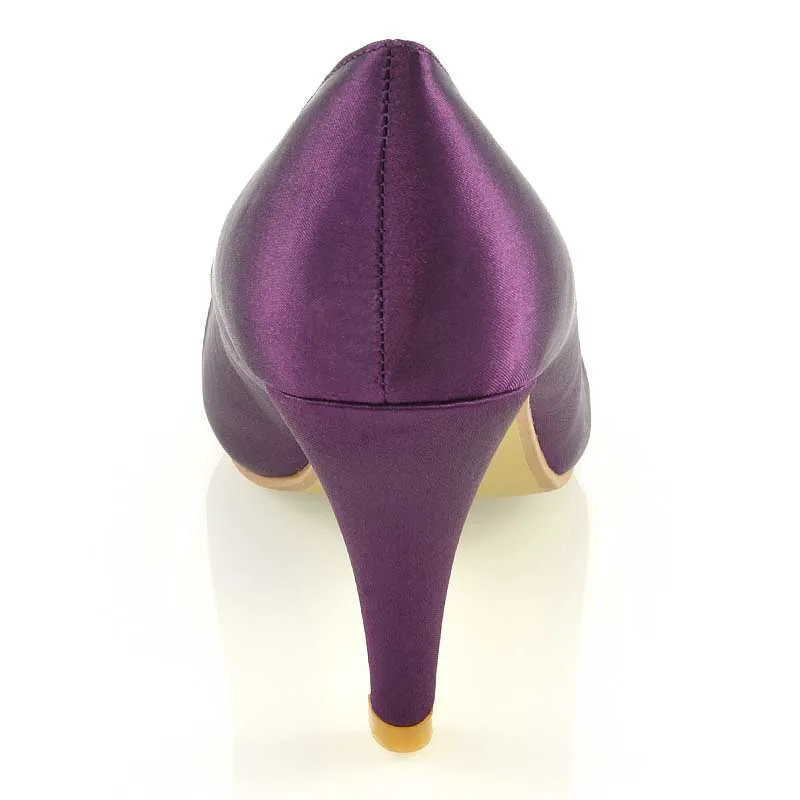 ELISABETH MID STILETTO HIGH WEDDING HEELS SLIP ON BRIDAL COURT SHOES IN PURPLE SATIN