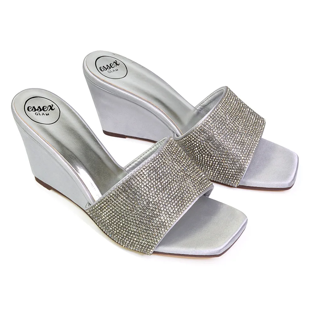 Eliza Slip On Mule Diamante Sandal Wedge Heels With Square Toe in Silver