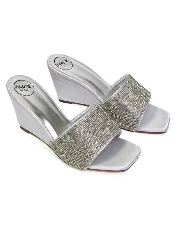 Eliza Slip On Mule Diamante Sandal Wedge Heels With Square Toe in Silver