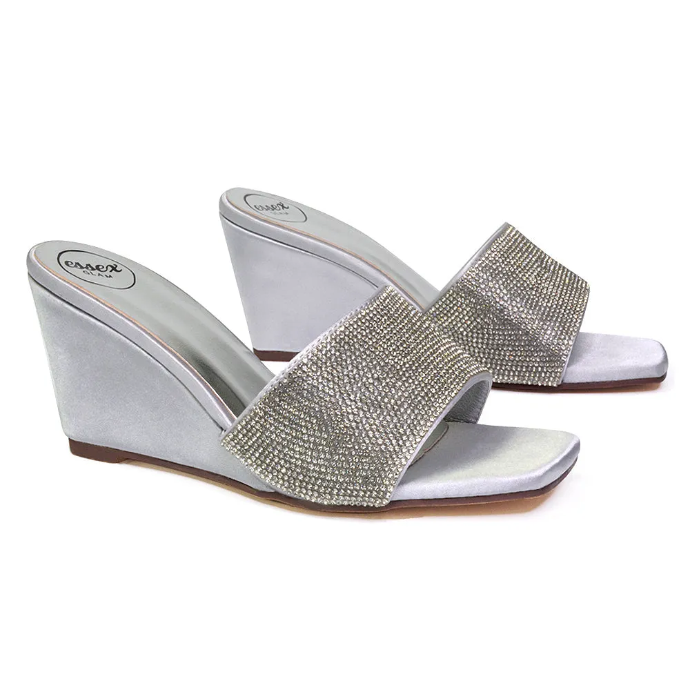 Eliza Slip On Mule Diamante Sandal Wedge Heels With Square Toe in Silver