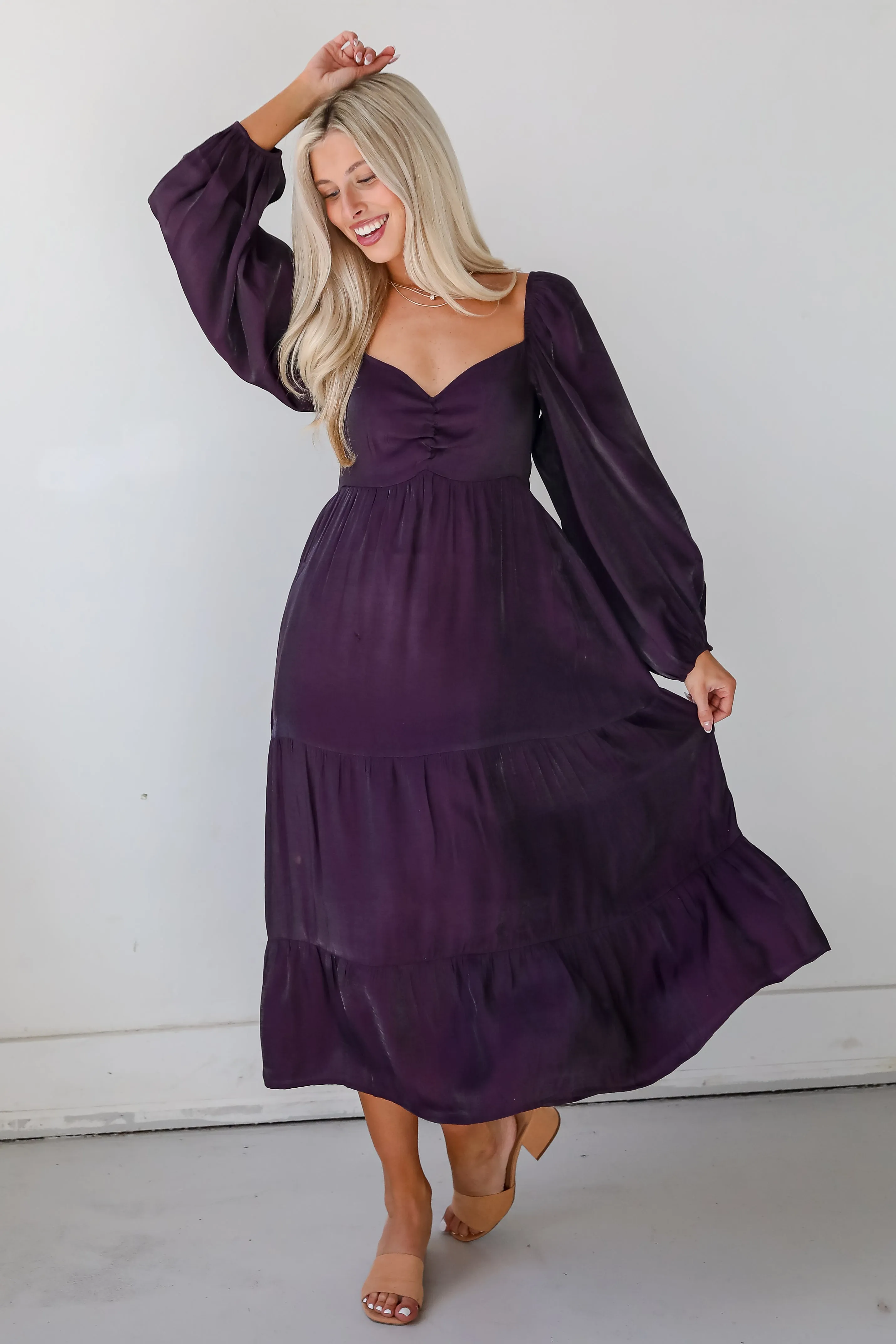 Exquisite Marvel Plum Tiered Midi Dress