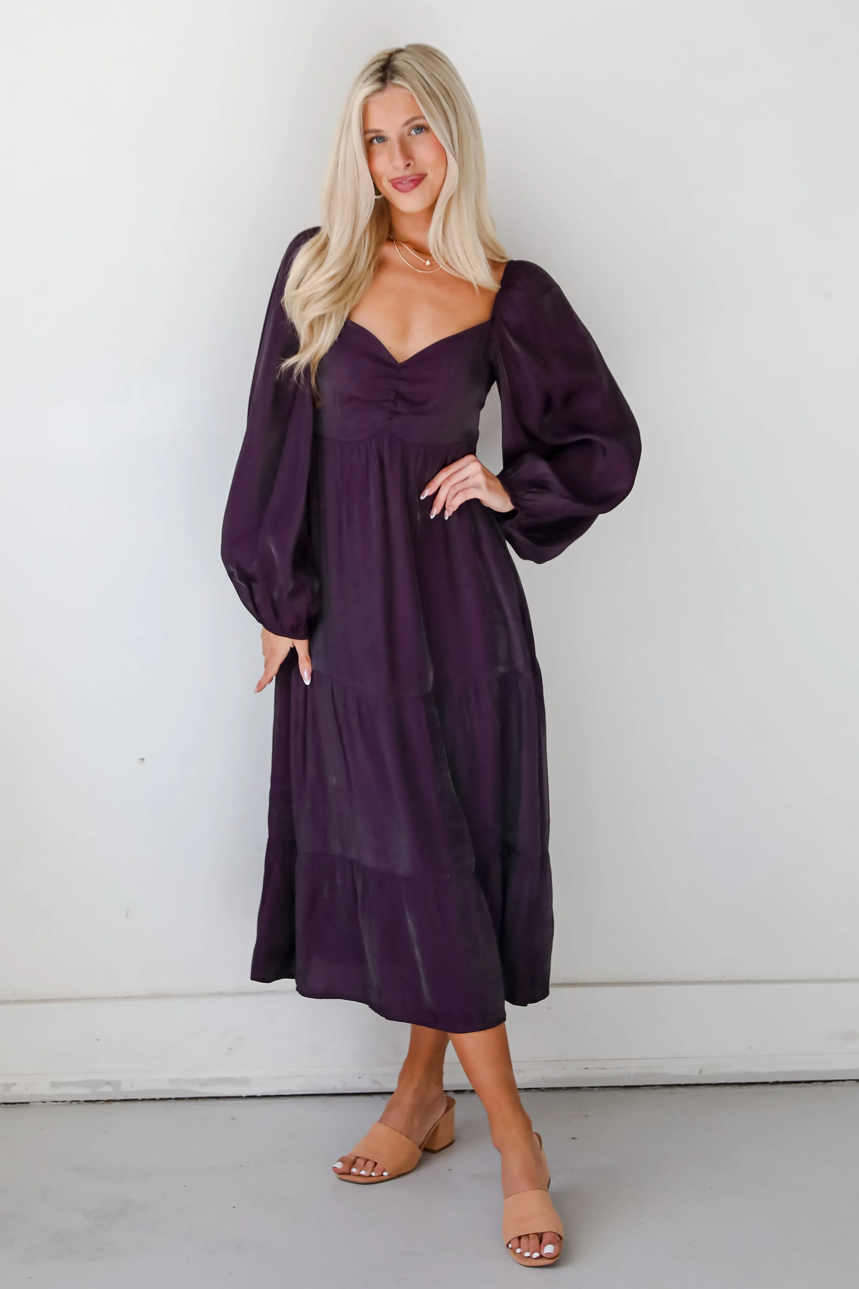 Exquisite Marvel Plum Tiered Midi Dress