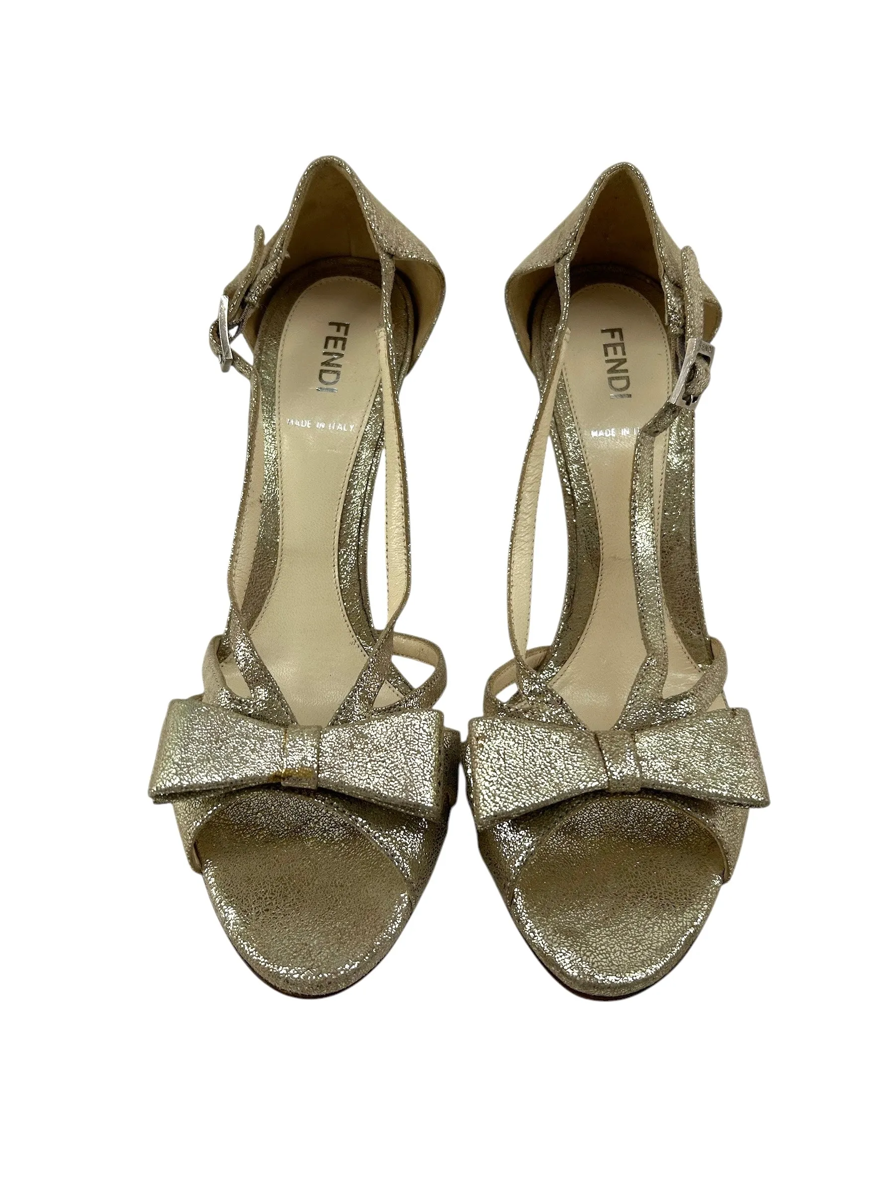 Fendi Silver & Gold Suede Bow Heels, Size 8