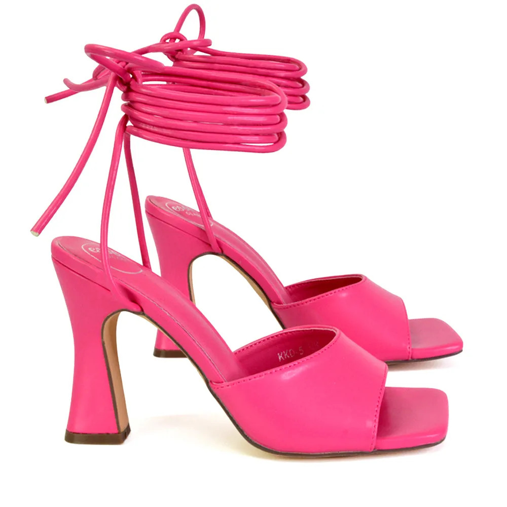 Flora Strappy Lace Up Block High Heels With a Square Toe in Hot Pink