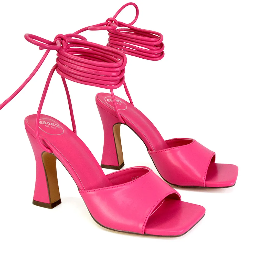 Flora Strappy Lace Up Block High Heels With a Square Toe in Hot Pink