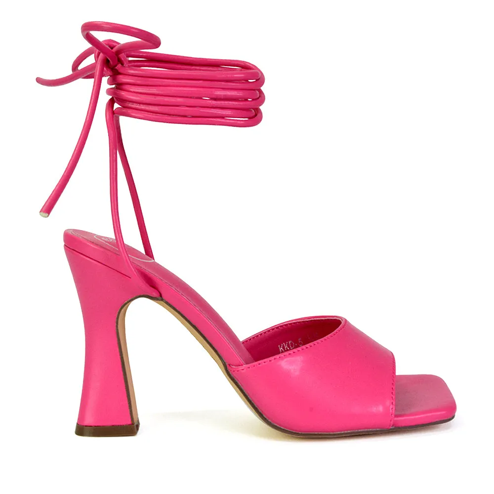 Flora Strappy Lace Up Block High Heels With a Square Toe in Hot Pink