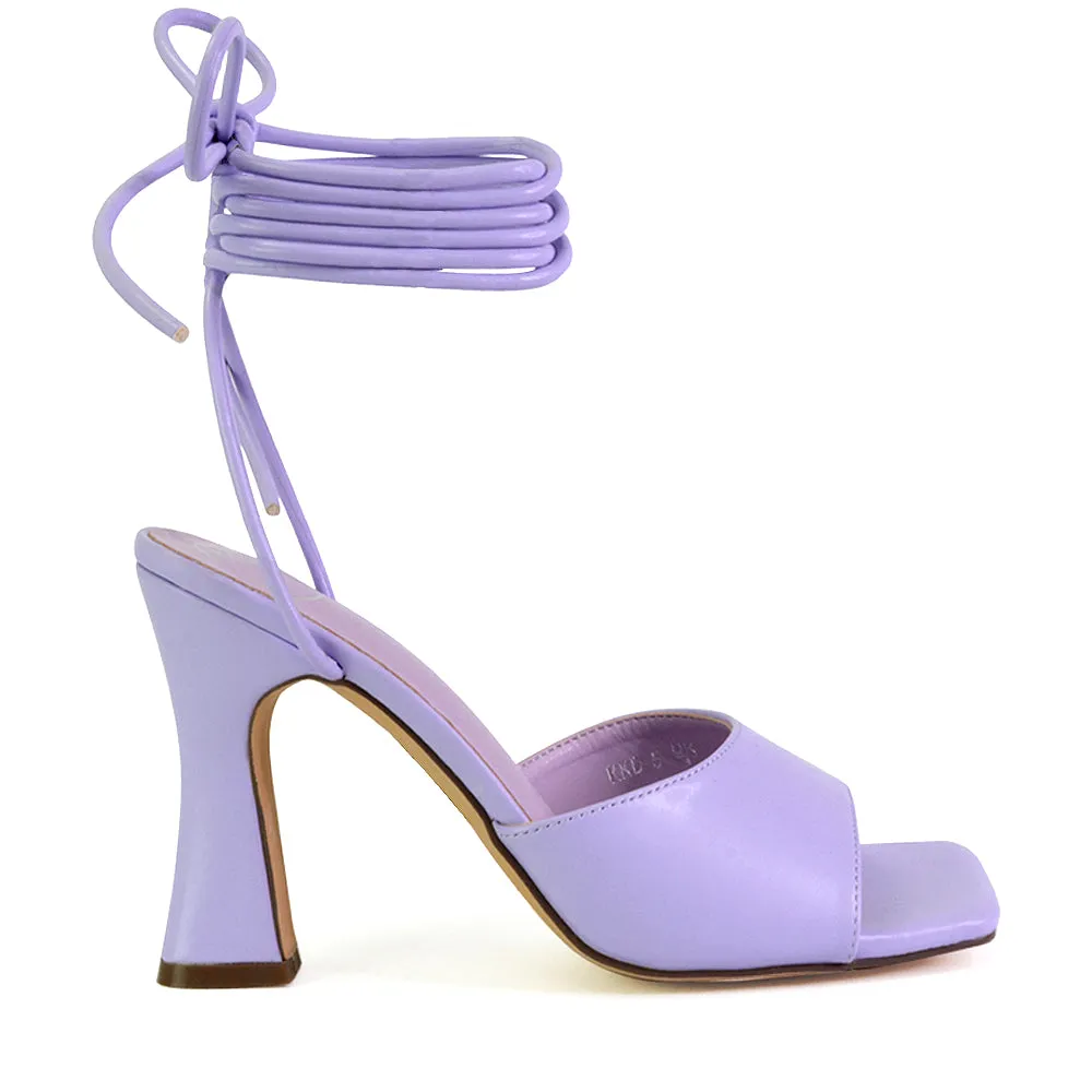 Flora Strappy Lace Up Block High Heels With a Square Toe in Hot Pink