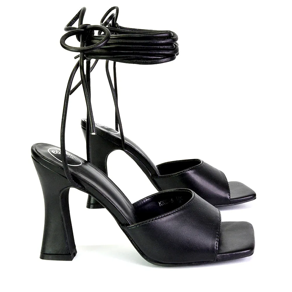 Flora Strappy Lace Up Block High Heels With a Square Toe in Lilac