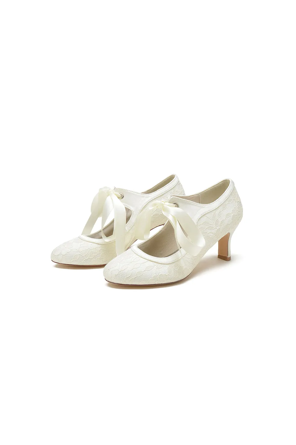 Ivory Lace High Heels Featuring a Classic Bow Design