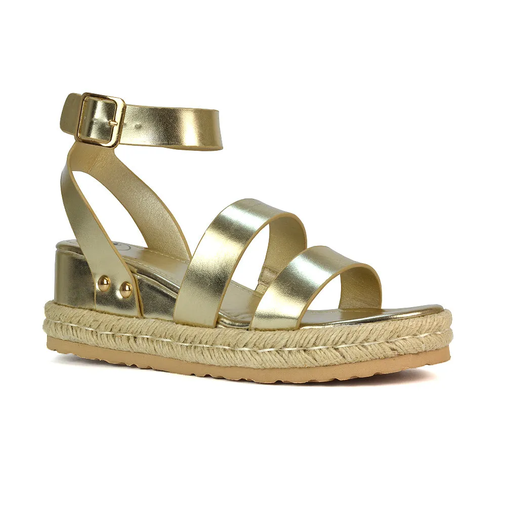 Jorja Platform Wedge Heel Sandals Espadrilles in Gold Metallic