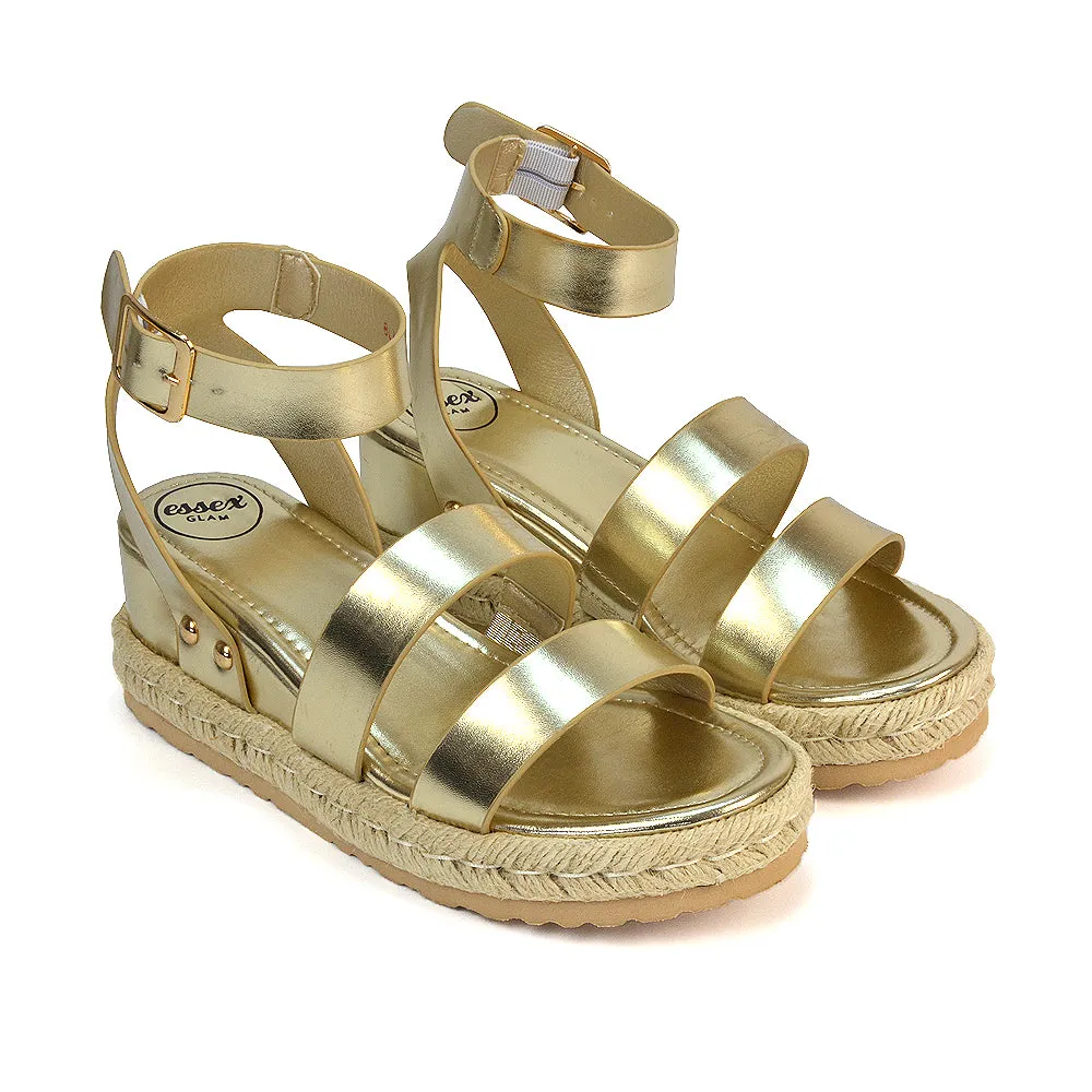 Jorja Platform Wedge Heel Sandals Espadrilles in Gold Metallic