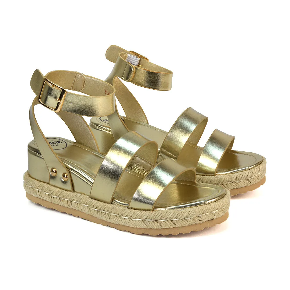 Jorja Platform Wedge Heel Sandals Espadrilles in Gold Metallic