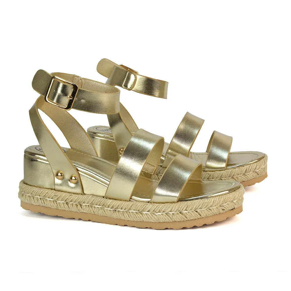 Jorja Platform Wedge Heel Sandals Espadrilles in Gold Metallic