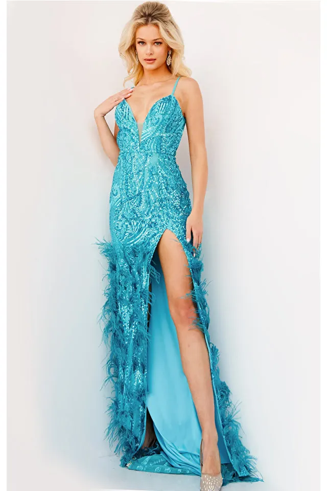 Jovani 08340 Sequin embellished Sexy Slit Low Back High Waisted Feathered Skirt Prom Dress